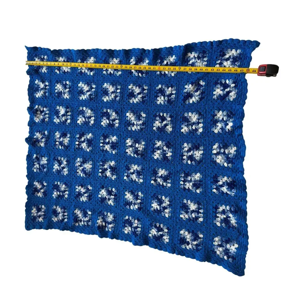 Handmade Blue &White Granny Square Crochet Afghan Throw Blanket 49'x42